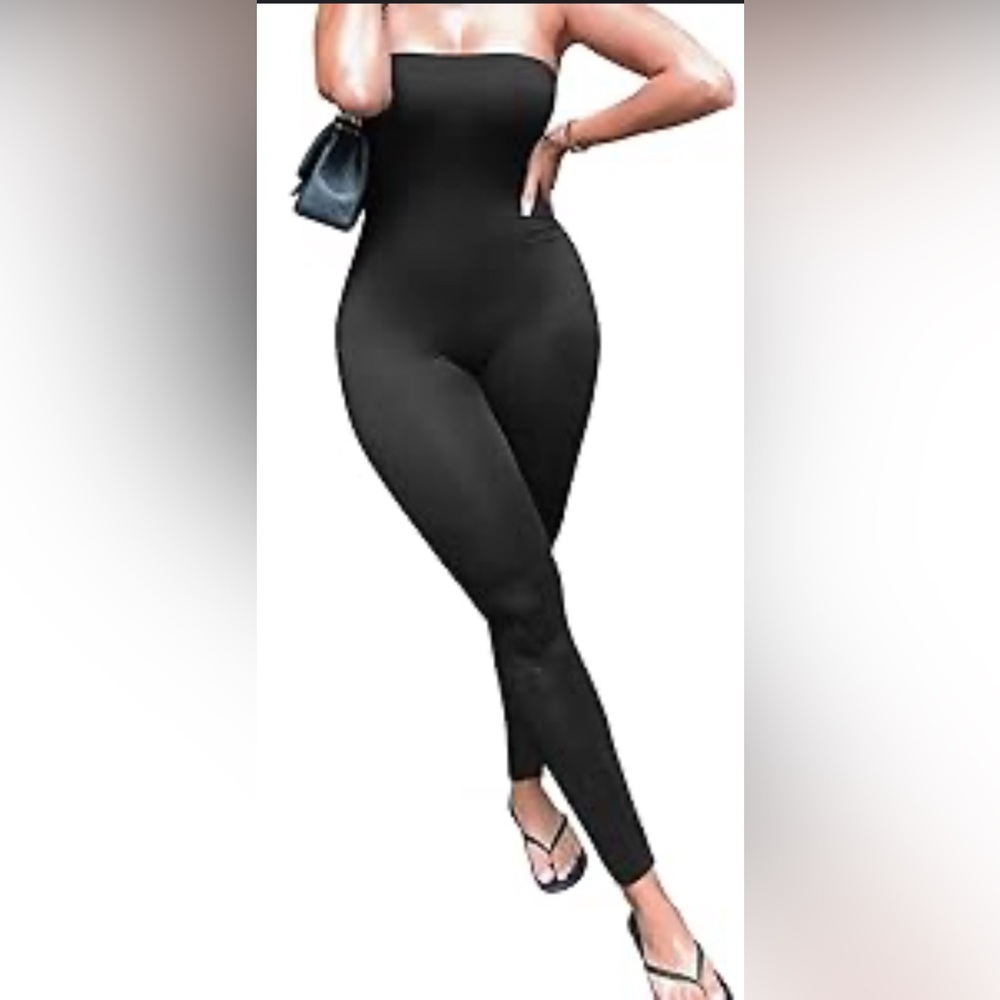Black form fitting strapless jumpsuit with top